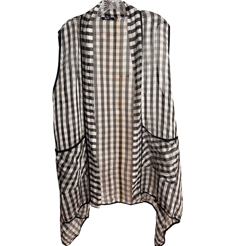 Kavita Silk Vest Womens OS Black White Gingham Check Draped Open Front Pocket